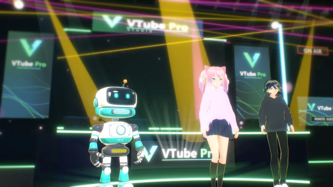 Mirelle, Kairo and Sprocket on the VTube Pro Studio set under preshow beams and lasers: a real render from the app.