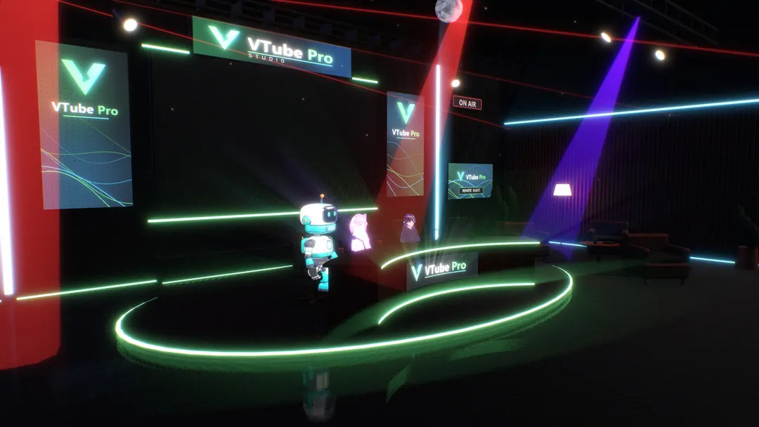 The studio in the Outro lighting state: red and violet moving beams sweep the stage.