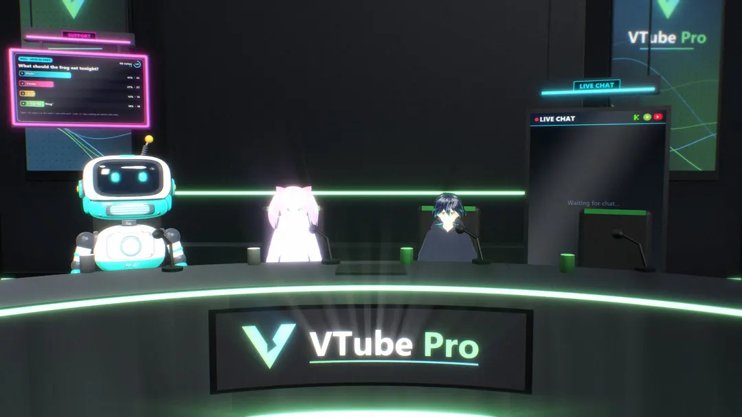 A live poll and the chat monitor inside the studio, next to the performers at the desk.