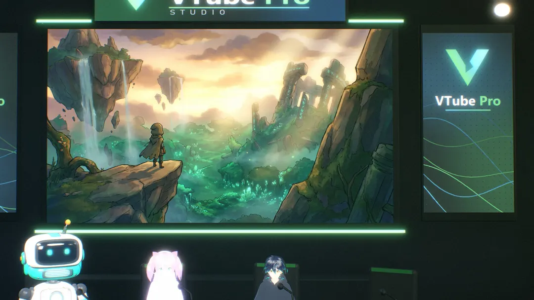 The VTube Pro Studio in React mode: a clip fills the 5.2 m screen wall while Sprocket, Mirelle and Kairo react at the desk.